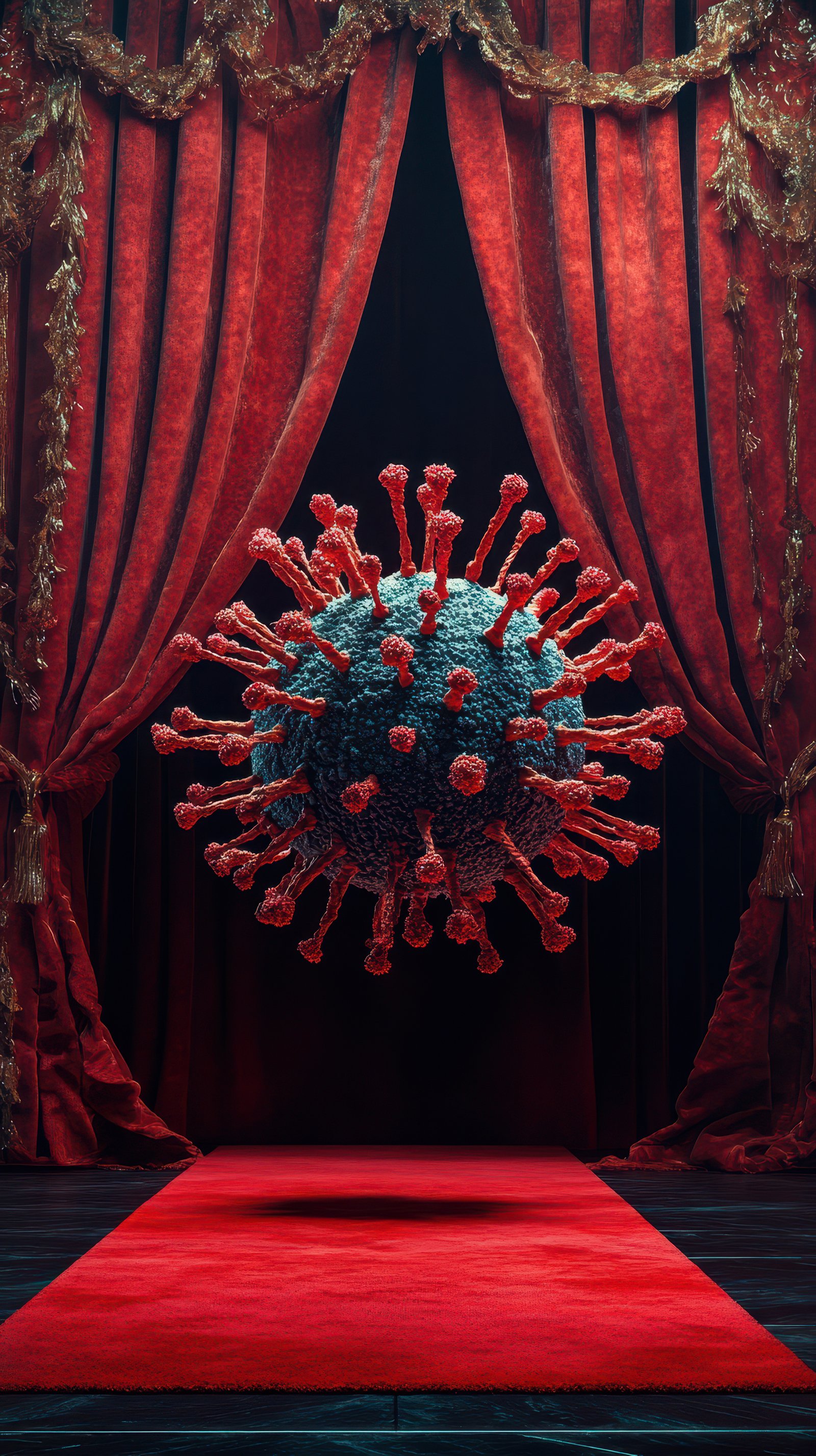Red curtain stage with a floating virus model signifying the impact of the pandemic on society and culture